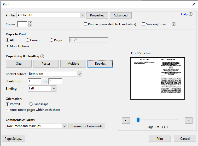 Adobe Acrobat print settings for a booklet