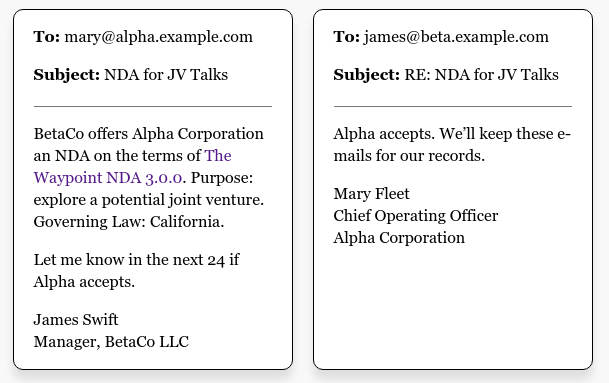 example e-mails agreeing to a Waypoint NDA